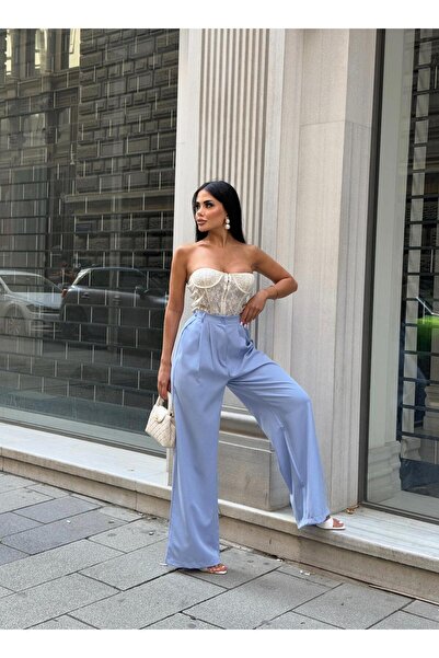 sajarsln Double Kumaş Düğme Detaylı Bol Paça Palazzo Pantolon