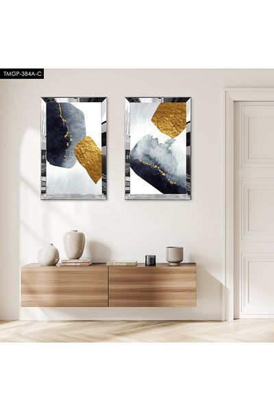 Zevahir Mobilya Dekorasyon SET DE TABLĂ MDF BINARĂ CU FORME ABSTRACTE NEGRE ȘI AURII CU CADRU DE PLEXY CU OZAR SILVER FOND ALB