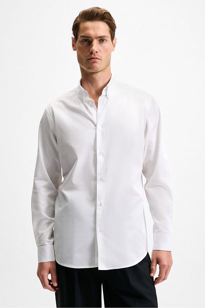 GRIMELANGE Risto Men's Fabric Shirt Collar Cuffed White - Minimizing the Need for Button-Down Washouts