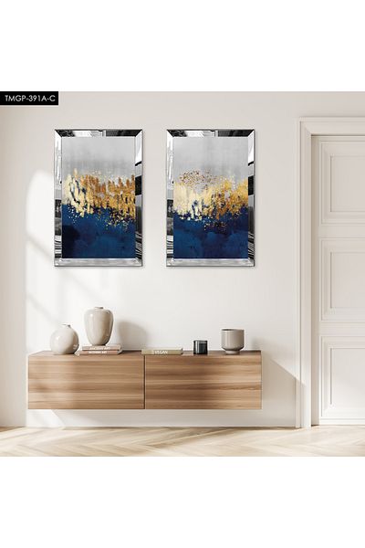 Zevahir Mobilya Dekorasyon SET DE MASA DECORATIVA DUBLA MDF CU CADRU DE PLEXY CU OGLINDA ARGINTIE, FOND ALB, AUR ALB
