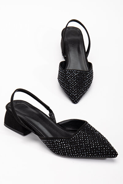 bakacstore Kadın Siyah Süet Taş Detaylı Sivri Burun Arkası Açık Ayakkabı