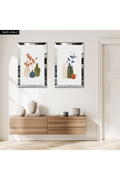 Zevahir Mobilya Dekorasyon VASE COLORATE CU CADRU DE PLEXY CU OGLINDA SILVER FOND ALB SET DE MASA MDF DUBLA