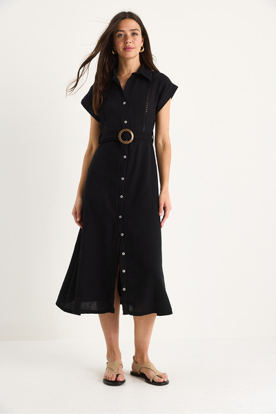 Bianco Lucci Women's Stripe Lace Detailed Button Closure Belted Lined Muslin Dress 7008 60283382