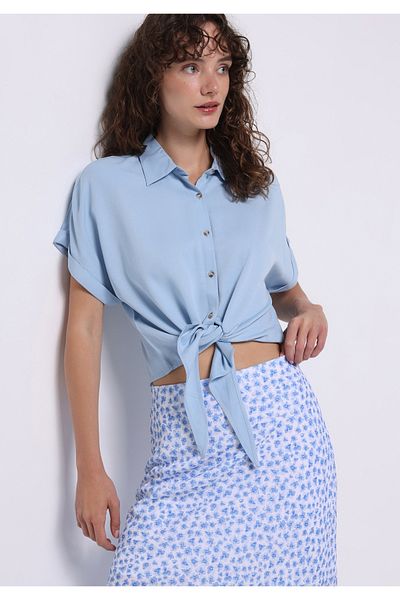 Colin's Regular Fit Shirt Neck Plain Women's Blue Short Sleeve Shirt