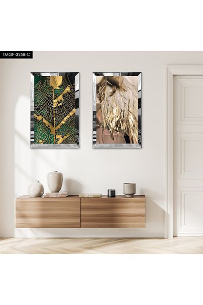 Zevahir Mobilya Dekorasyon SET DE MASA MDF DUAL CU CADRU DE PLEXY CU OGLINDA SILVER CU MODEL AUR ABSTRACT