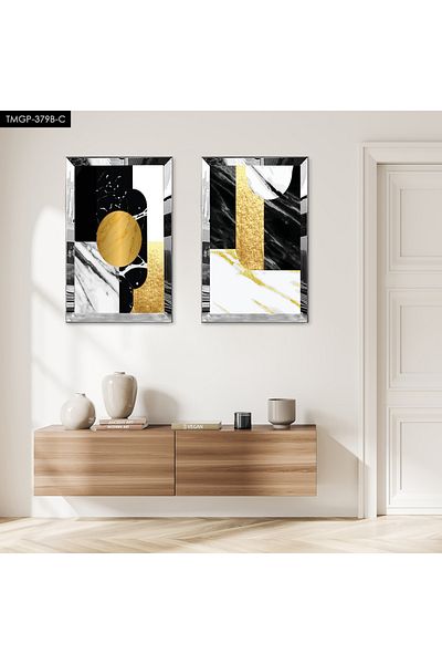 Zevahir Mobilya Dekorasyon SET DE MASA MDF DUBLA CU CADRU PLEXY CU OGLINDA SILVER, FOND ALB, MODELE AURII SI NEGRE