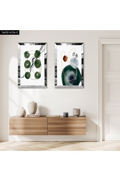 Zevahir Mobilya Dekorasyon SET DE MASA MODERN BILATERAL MDF CU CADRU DE PLEXY CU OGLINDA SILVER, FOND ALB, FORME VERDE DE INTERIOR