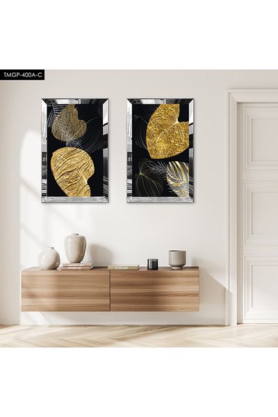 Zevahir Mobilya Dekorasyon SET DE PENTRU TABLĂ MDF DUALĂ DE FLORE DE AUR DECORATIV DE ABSTRACT CU CADRU DE PLEXY CU OZNĂ DE ARGINTI Fundal negru