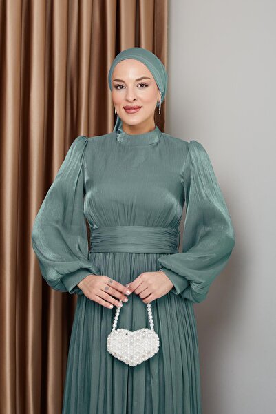 Olcay Stahovací šňůrka v pase Detailní Yoryo Silk Hijab večerní šaty VODNĚ ZELENÁ 1225