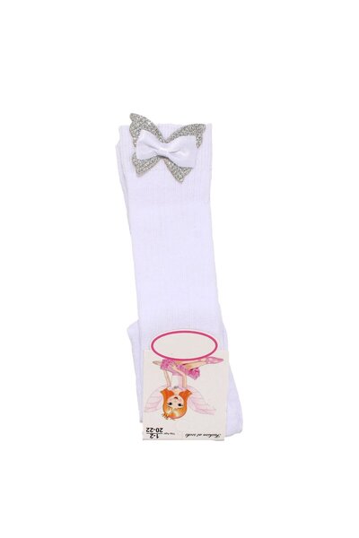 bebegen Baby Girl White Ankle Shiny Ribbon Patterned Knee Socks 1-2 Years