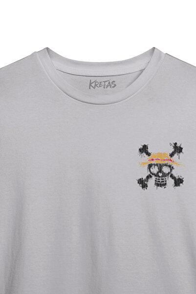 Kretas One Piece Anime Minimal μπροστινό Unisex T-shirt με γκρι καπέλο μπλουζάκι