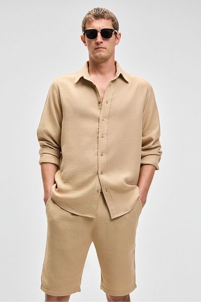 GRIMELANGE Raimo Men's 100% Cotton Muslin Fabric Cuffed Long Sleeve Comfort Fit Beige Shirt