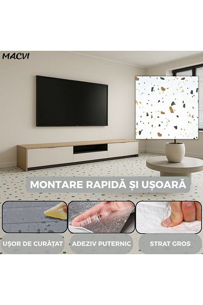 MACVI Set 24 placi autoadezive Macvi® podea, stil marmura multicolor, PVC, 7 x 45,Gr 1,4 mm, Acoperire 5m