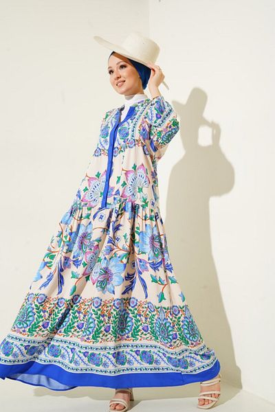 modaserdem 2423 Authentic Patterned Dress - Dark Blue