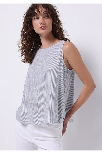 Colin's Regular Fit Round Neck Striped Women's Blue Sleeveless Shirt