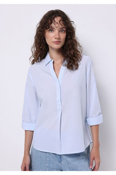 Colin's Regular Fit Shirt Neck Striped Women's Blue Roll-Up Shirt