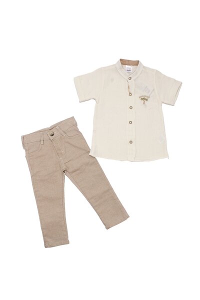 bebegen Boy's Ecru Beige Palm Patterned Judge Collar Muslin Shirt 2-Piece Set