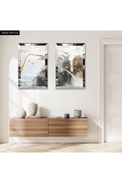 Zevahir Mobilya Dekorasyon SET DE MASA MODERNA DUBLA MDF CU CADRU PLEXY CU OGLINDA SILVER, FOND ALB, MODEL NEGRU SI AUR