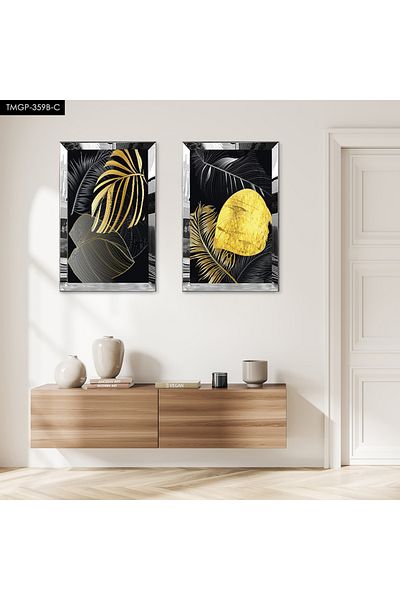 Zevahir Mobilya Dekorasyon SET DE TABLĂ MODERN MDF BINAR FLORE DE AUR CU CADRU DE PLEXY CU OZNĂ DE ARGINTI Fundal negru