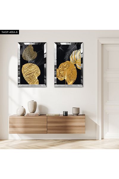 Zevahir Mobilya Dekorasyon SET DE TABLĂ MDF BINARĂ FLOARE DE AUR MODERN ABSTRACT CU CADRU DE PLEXY CU OZNĂ DE ARGINTI Fundal negru