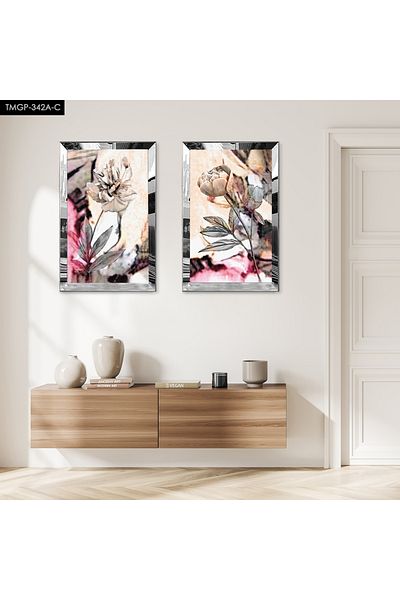 Zevahir Mobilya Dekorasyon SET DE MASA MDF DUAL FLORAL TONURI GALBEN SI GRI CU CADRU DE PLEXY CU Oglinda SILVER