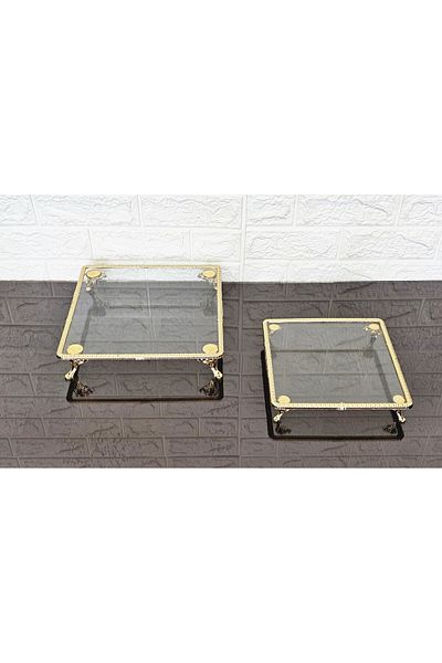 atabey home 2-Piece Square Serving Plate-Presentation Tray-Presentation Tray-Presentation Tray-Gold Frame and 4 Legs 22+27cm