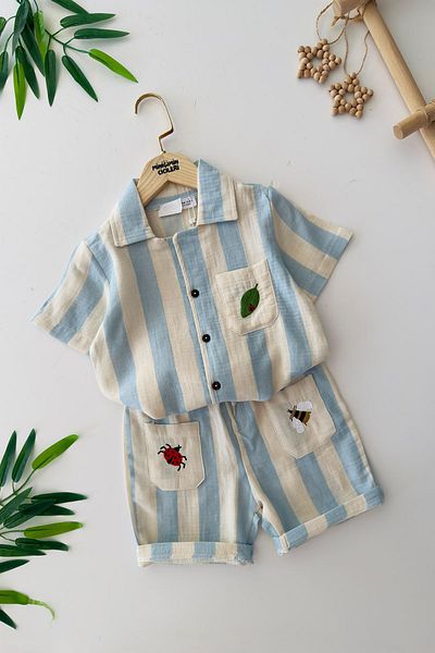 Minigimin Cicileri Costum pentru copii unisex din bumbac cu dungi cu broderie Buburuza - Albastru