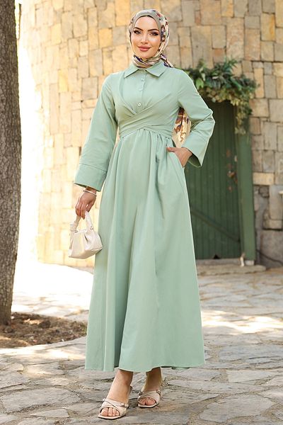 InStyle Belt Detailed Shirt Collar Mint Green Dress