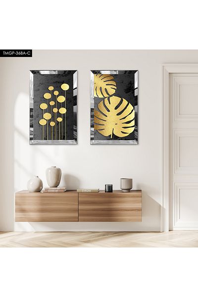 Zevahir Mobilya Dekorasyon SET DE MASA MDF DUBLA CU CADRU DE PLEXY CU OGLINDA ARGINTIE FOND NEGRU FLORE DECORATIVE DE AUR