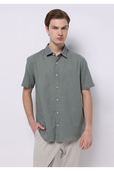 Colin's Regular Fit Shirt Neck Plain Men's Linen Blended Green Short Sleeve Shirt