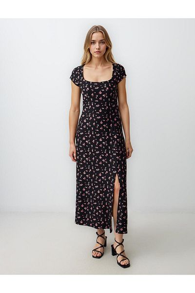 Jimmy Key Black Floral Print Slit Square Neck Short Sleeve Knitted Midi Dress