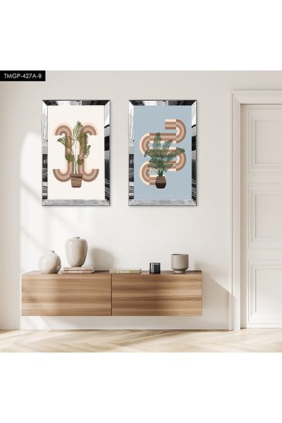 Zevahir Mobilya Dekorasyon SET DE PENTRU TABLĂ MDF DUALĂ PLĂCI DE PLANTE ABSTRACTE DECORATIVE CU CADRU DE PLEXY CU OZAR SILVER ALB ALBĂ