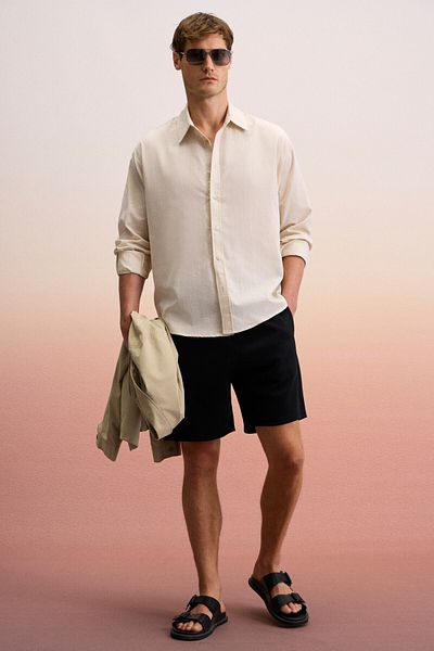 GRIMELANGE Yordı Men's Linen Look 100% Cotton Shirt Collar Cuffed Flared Regular Fit Beige Shirt