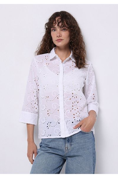 Colin's Regular Fit Shirt Neck Embroidered Women's White Long Sleeve Shirt