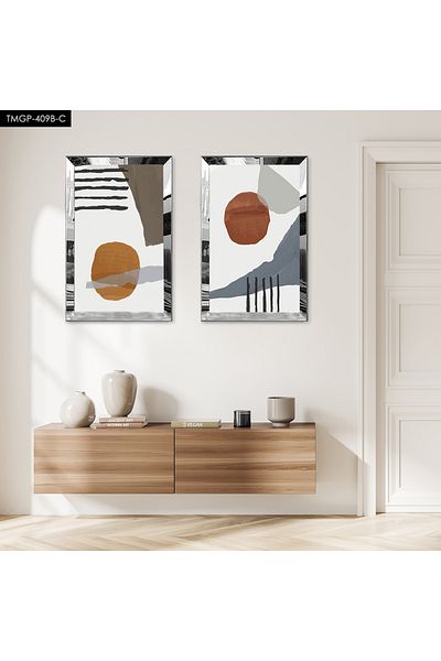 Zevahir Mobilya Dekorasyon SET DE MASA MDF DUAL CU CADRU DE PLEXY CU OGLINDA SILVER, FOND ALB, MODEL DE PĂLĂRIE ABSTRACT MODERN