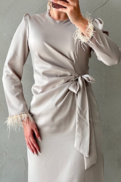 Asya Karen Satin Hijab Dress with Feather Sleeves