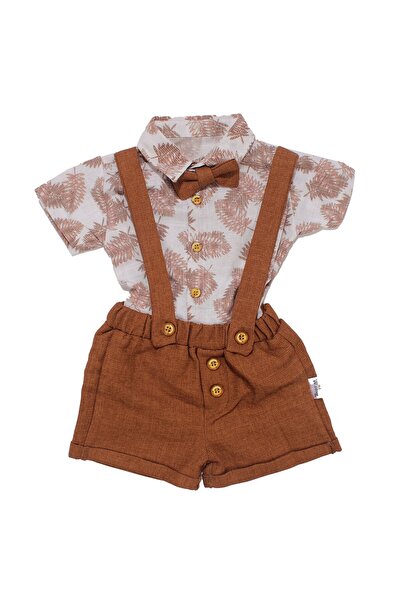 bebegen Baby Boy Tile Leaf Patterned Bow Tie Shirt Salopet Set