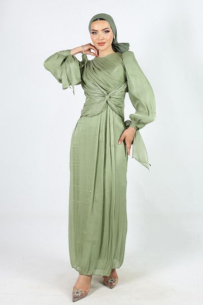 Olcay Yoryo-Hijab-Abendkleid aus Seide mit Fliege und Schleife, detailliertes Arm-Mund-Krawattenkleid ÇAĞLA 1224