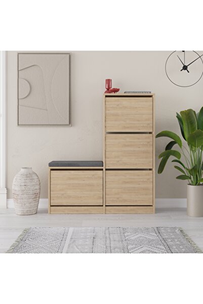 Mourah Home Dude 16 Pair Shoe Cabinet with 4 Drop-Doors - 118.5cmH - Oak_M.AK...