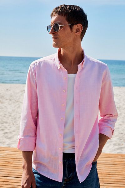 GRIMELANGE Perttu Men's 100% Cotton Slim Fit Slim Fit Buttoned Collar Linen Look Flared Pink Shirt