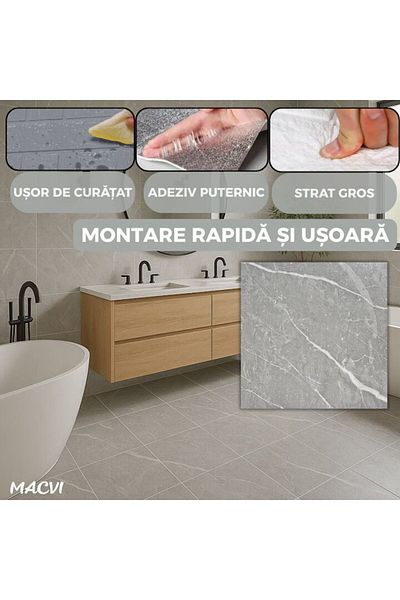 MACVI Set 24 placi autoadezive Macvi® podea, stil marmura gri deschis, PVC, 7 x 45,Gr 1,4 mm, Acoperire 5m