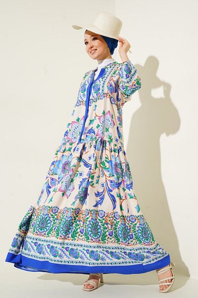 modaserdem 2423 Authentic Patterned Dress - Dark Blue