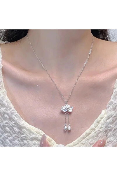 Harlofia Jewelry Gümüş Kaplama Sallantılı Lotus Çiçeği Kolye