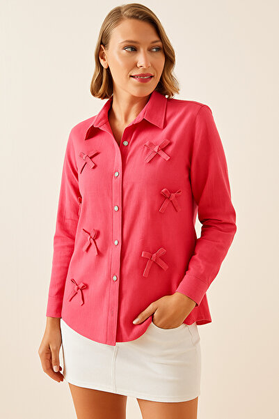 İpli Kadın Gömlek Fiyonk Detaylı Taş Düğmeli