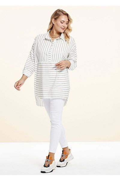 EVEN plus size Viscose Large Size Tunic - White Green Striped
