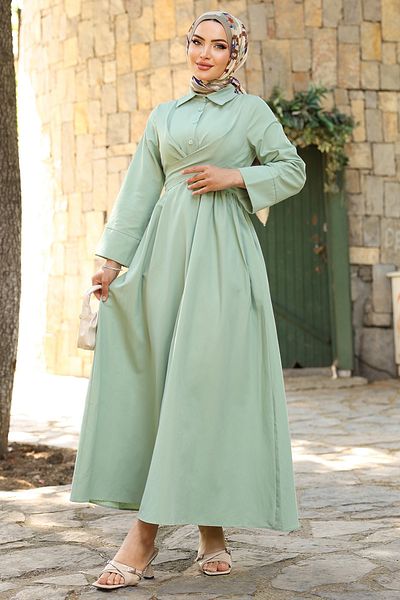 InStyle Belt Detailed Shirt Collar Mint Green Dress