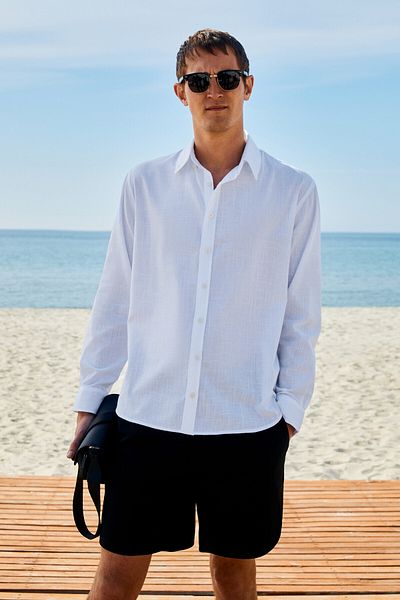 GRIMELANGE Yordı Men's Linen Look 100% Cotton Shirt Collar Cuffed Flared Regular Fit White Shirt