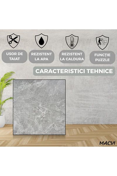 MACVI Set 24 placi autoadezive Macvi® podea, stil marmura gri, PVC, 7 x 45, grosime 1, 4 mm, Acoperire 5m
