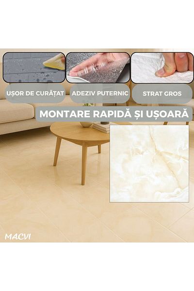 MACVI Set 24 placi autoadezive Macvi® podea, stil marmura galben, PVC,7 x 45, grosime 1,4 mm, Acoperire 5m