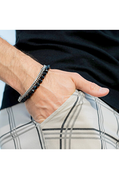 GT Collection Συλλογή GT, Ανδρικό Βραχιόλι με Πολυεδρικές Πέτρες από ΜΑΥΡΟ ΟΝΥΧΑ, Ένα Μέγεθος, Ρυθμιζόμενο Κούμπωμα